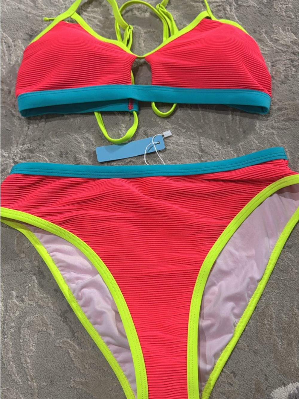 SHEIN Coral Bikini with Neon Yellow Trim and Teal Band